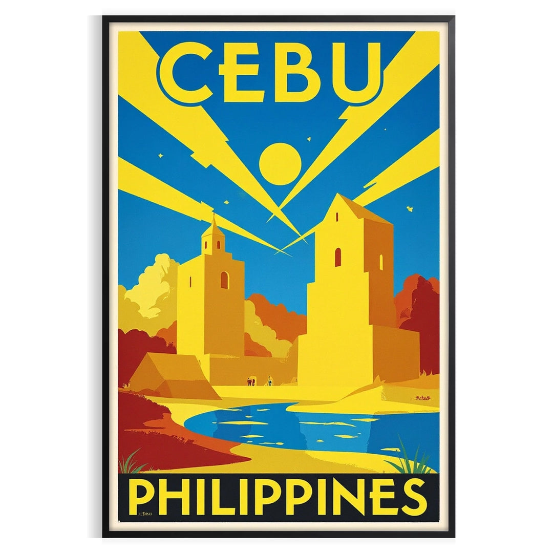Art Deco poster featuring Cebu, Philippines with yellow and white tones