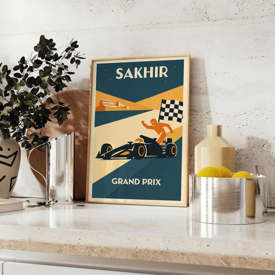 space stunning Sakhir Bahrain F1 poster vibrant brown orange hues thrill race motorsport enthusiast eye artwork today decor dimensions A4 cm A0