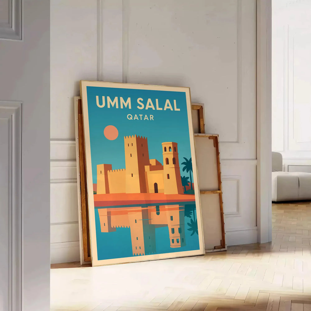 Poster of Umm Salal Qatar architecture in minimalist green and brown tones