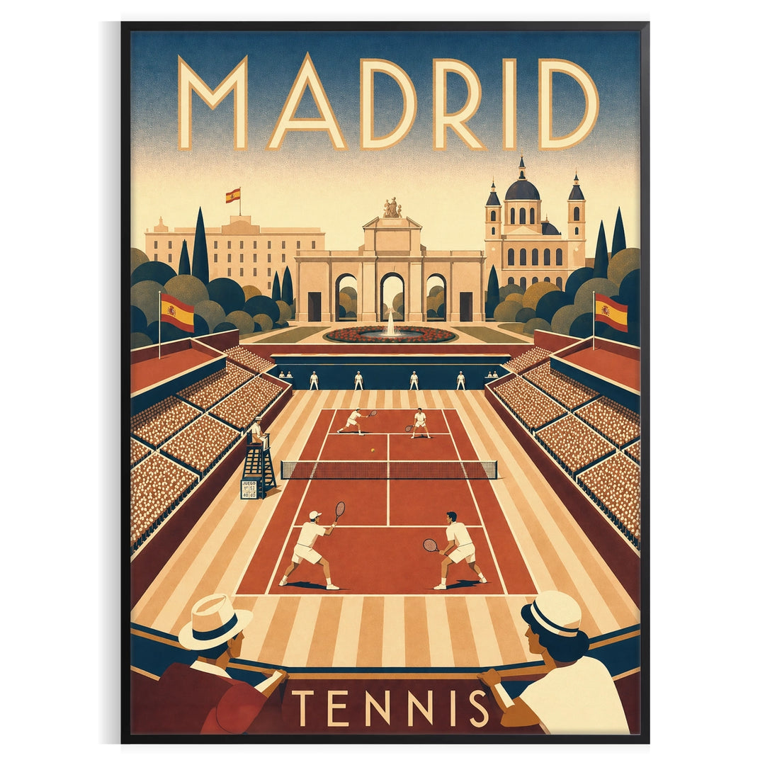 Plakat tenisowy Madrid w intensywnych odcieniach zieleni i czerwieni, dostępny w rozmiarach 50x70 lub 30x40. Idealny dla miło