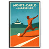 Poster di calcio Monte Carlo Monaco, con colori vivaci giallo e verde. Disponibile in formato 50x70 o 30x40, perfetto per dec