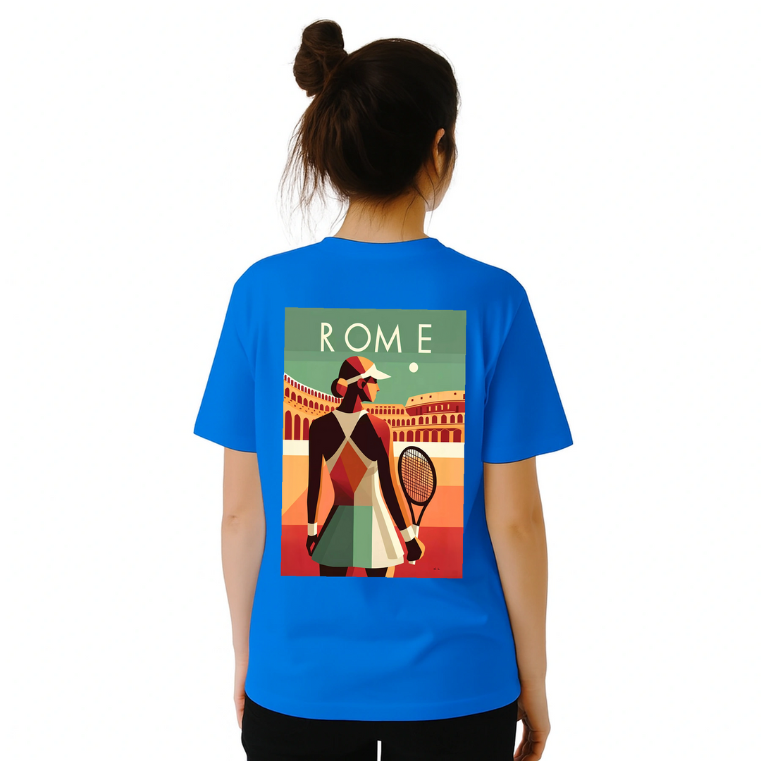 情熱的なファンとスタイリッシュなアスリートのためにデザインされたローマテニスTシャツ。コート内外での着用に最適な鮮やかなテニスグラフィックが特徴。柔らかく通気性のあるコットン素材で快適さを提供します。