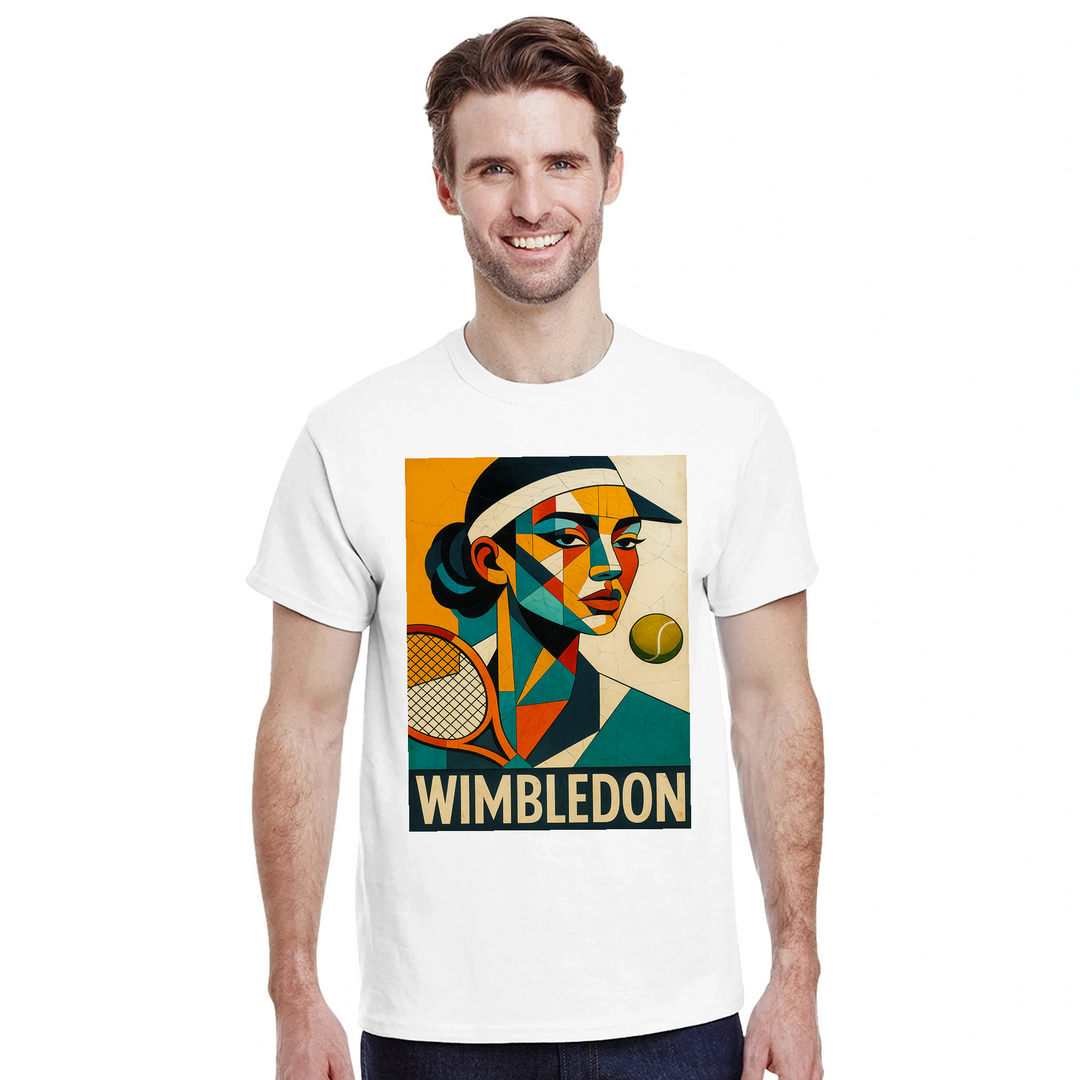 T-shirt Cubista Wimbledon, ideal para amantes do ténis, em algodão macio e respirável, combina arte e desporto