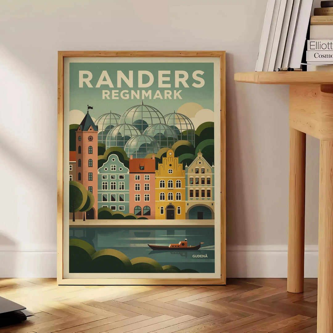 Art Déco Randers, Denmark travel poster in brown and green vintage style