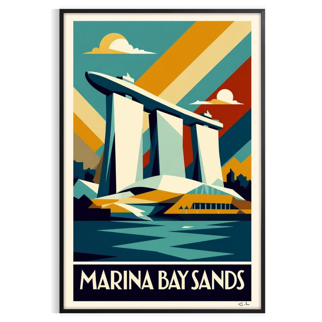 charm vintage travel stunning Marina Bay Sands poster vibrant orange blue tones captivating Art Deco style exquisite piece space Singapore iconic skyline dimensions A4 cm A0