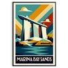 Vintage affisch av Marina Bay Sands i Art Deco-stil med livfulla orange och blå toner, perfekt för att förhöja ditt utrymme