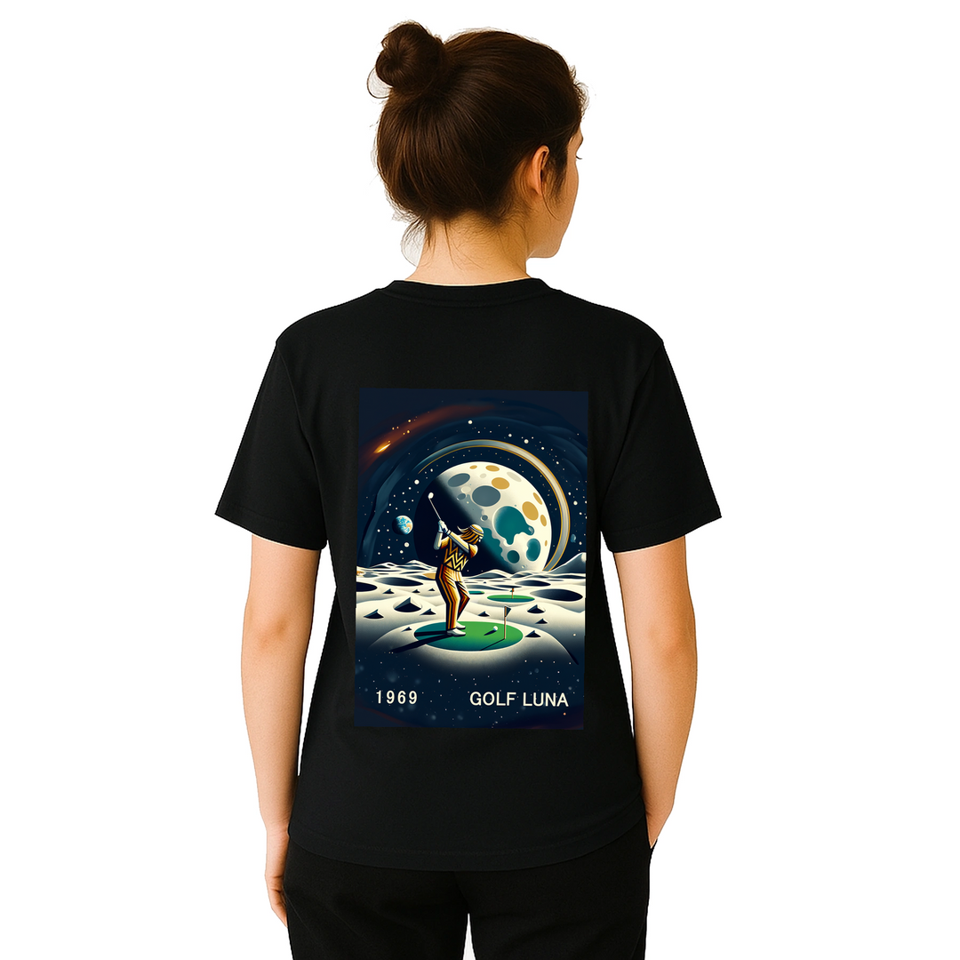 Koszulka Golf Moon z unikalnym wzorem, idealna na pole golfowe i codzienne wyjścia. Wygodna i trwała, dostępna w rozmiarach S