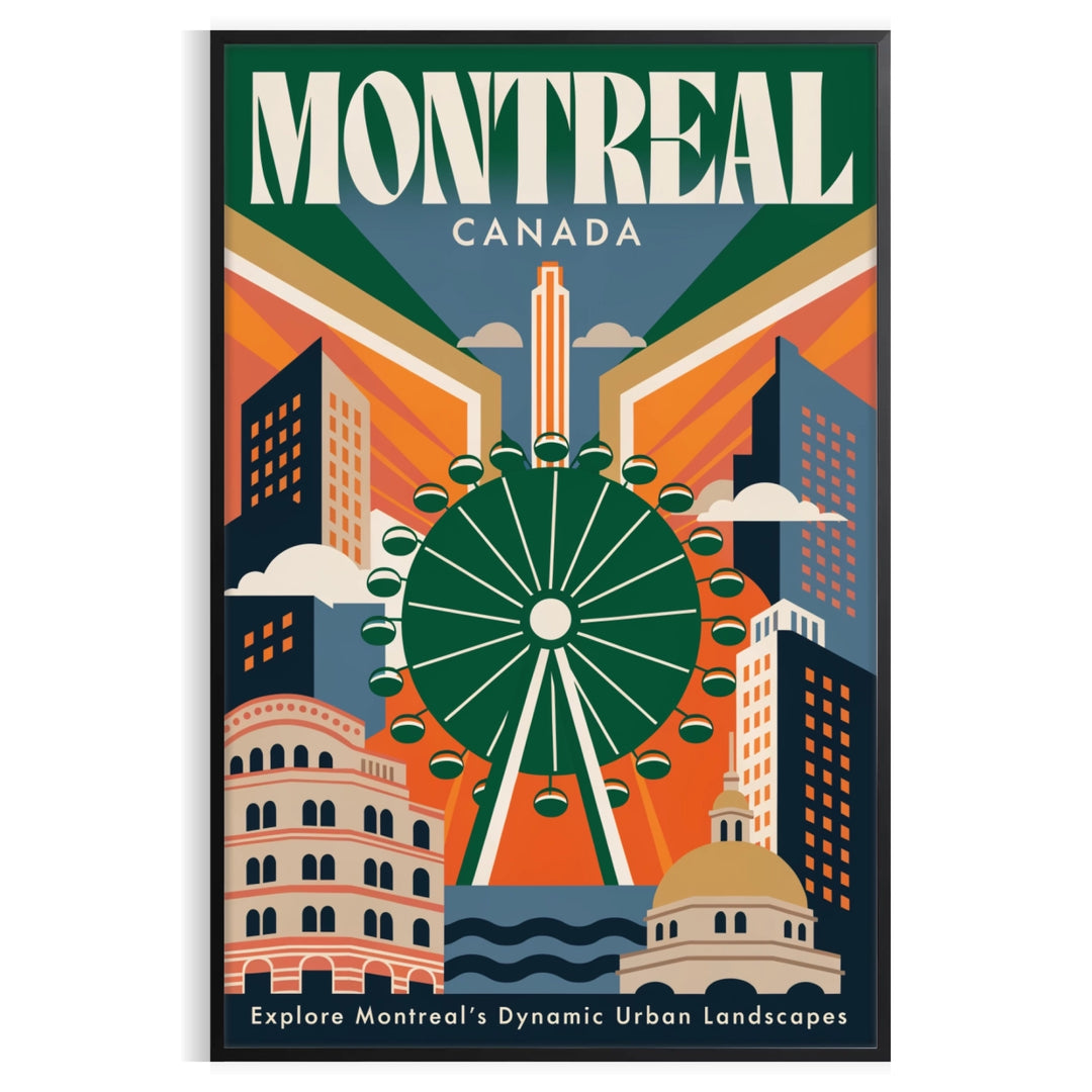 Vintage Art Deco Montreal poster in green and brown, elegant city artwork