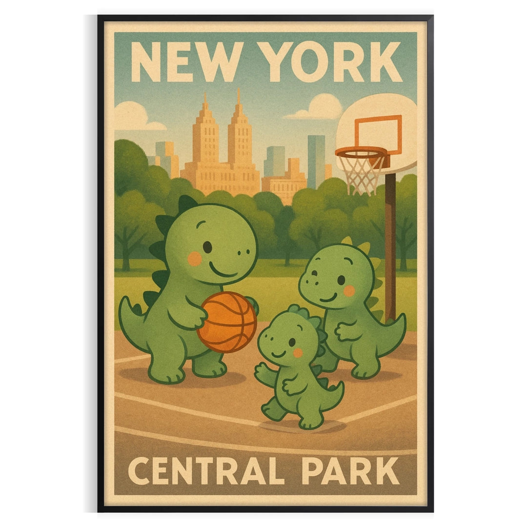 splash fun space  basketball vintage poster playful dinosaurs New York Central Park kids rooms unique gift art deco print measures Buy today games unframed options available