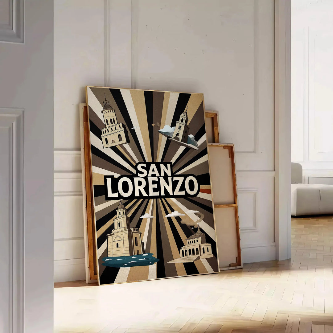 stunning vintage art déco poster San Lorenzo Paraguay rich brown green tones touch elegance space enthusiasts sizes A4 cm A0