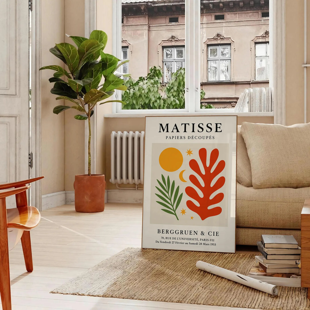 Póster Matisse Papiers Découpés com cores vibrantes em verde e laranja, ideal para amantes da arte. Disponível em vários tama