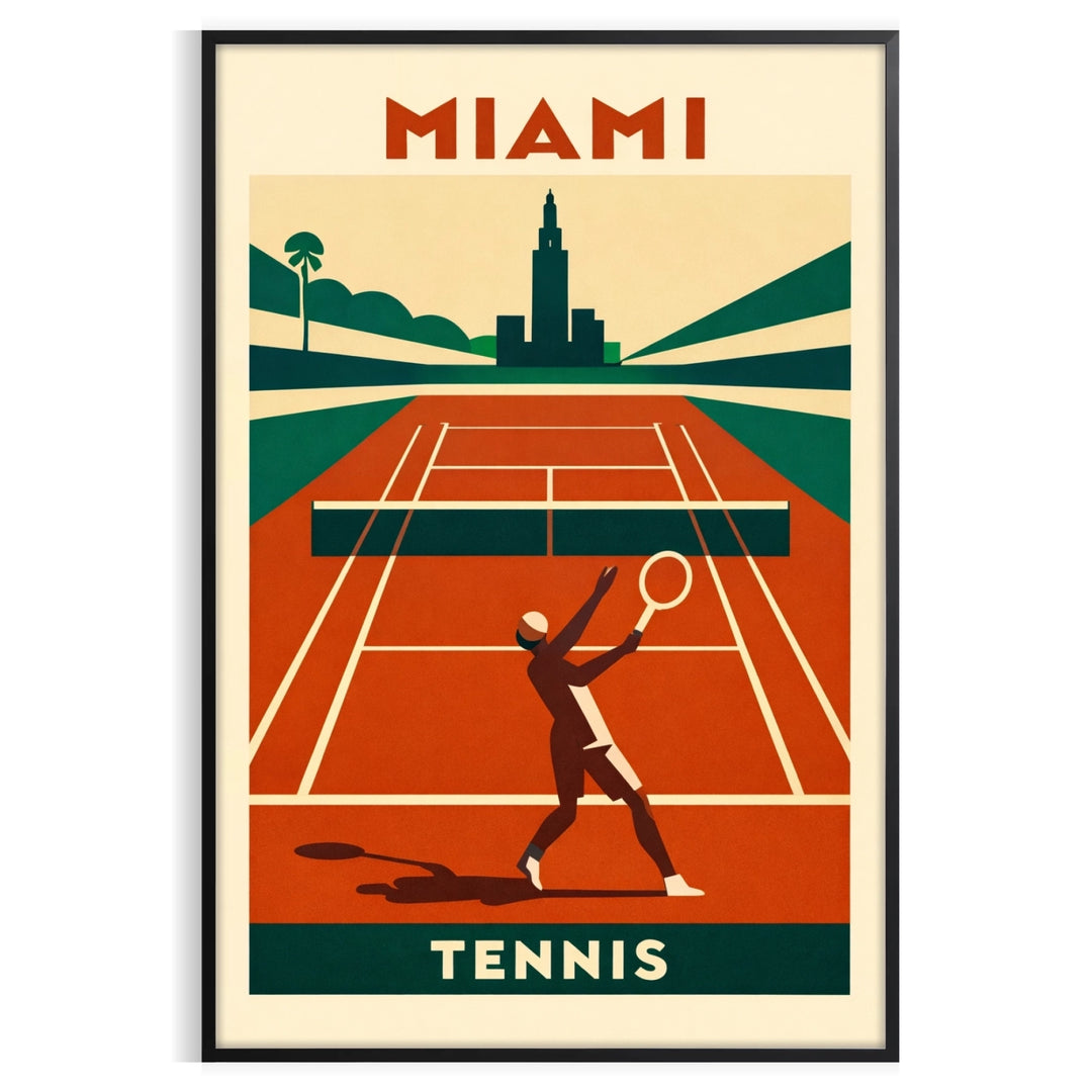 Póster de ténis de Miami, com cores vibrantes em laranja e vermelho, ideal para amantes de desporto. Disponível nas dimensões