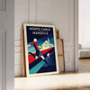 Stilvolles Fußballposter Monte-Carlo Monaco in Rot und Grau, erhältlich in 50x70 oder 30x40 cm. Perfekt für Fußballfans