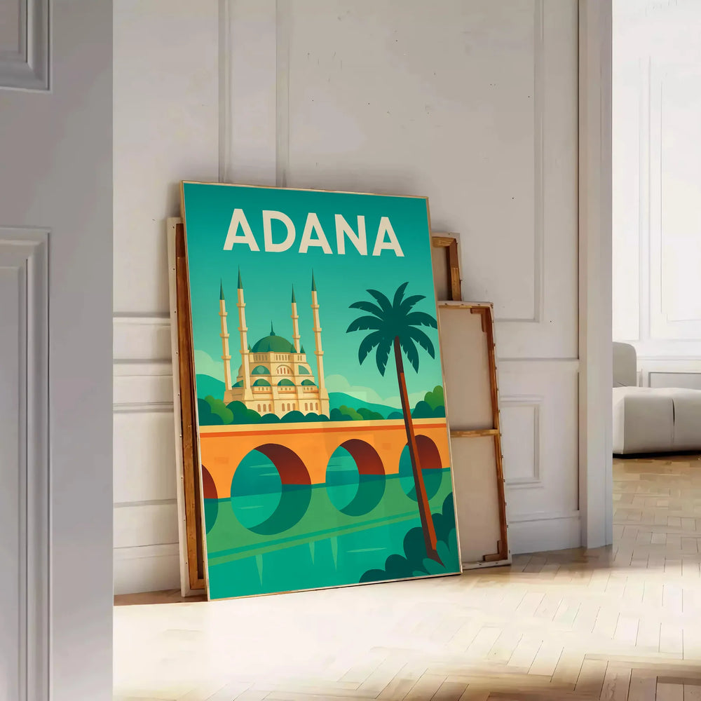 Adana city poster in green and blue, minimalist skyline illustration