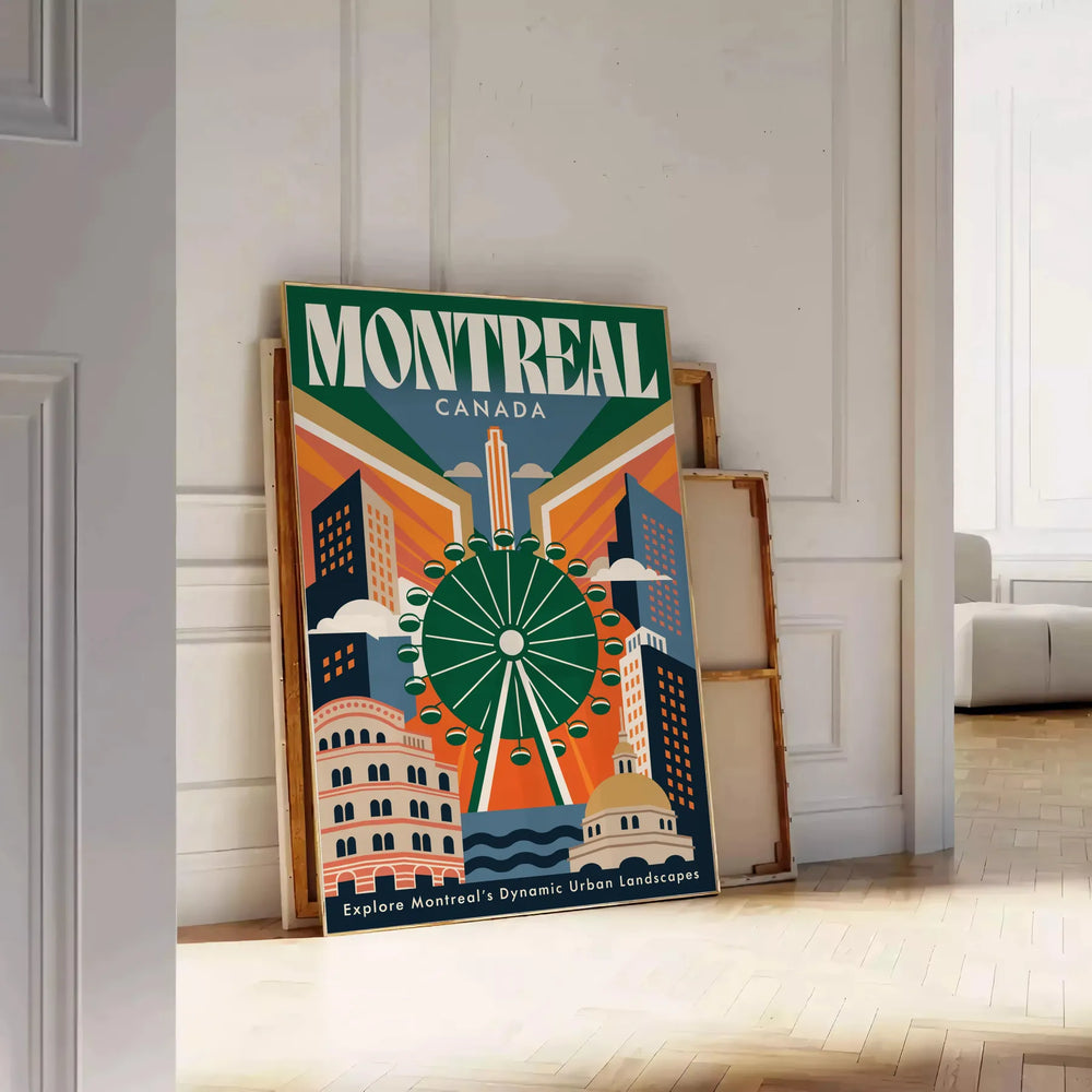 Vintage Art Deco Montreal poster in green and brown, elegant city artwork