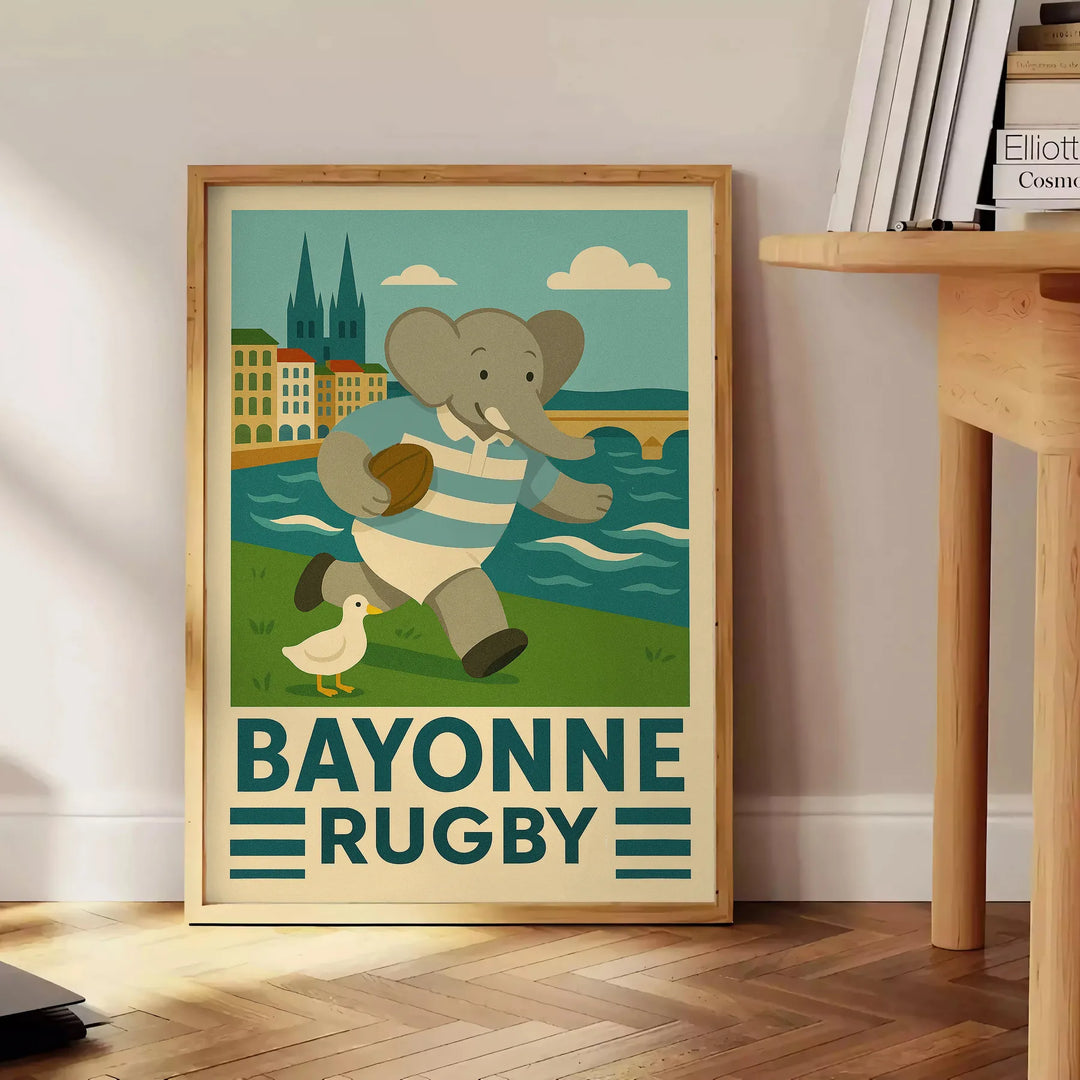 rugby vintage représentant un éléphant kid club Bayonne poster art une touche unique murs passionnés artwork dimensions cm 50x70 décor disponibles A4 A0