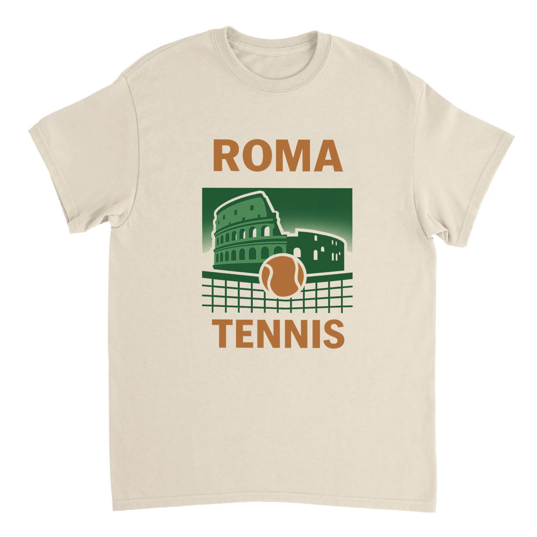 テニス愛好家に最適なローマテニスTシャツ。鮮やかなデザインでゲームの精神を称え、高品質な素材で快適さと耐久性を提供します。