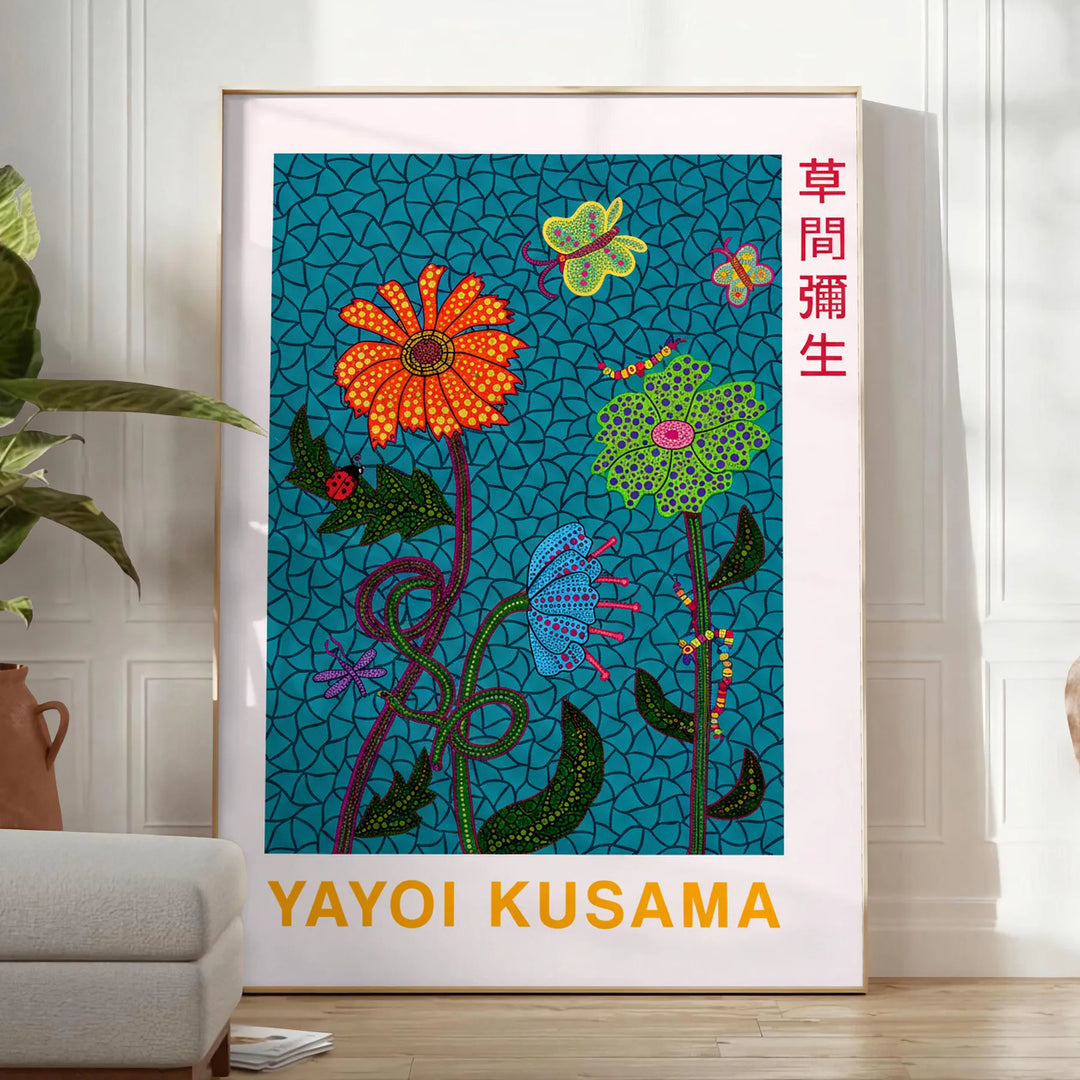 Vibrant poster inspirerad av Yayoi Kusama med blommor i gröna och orange nyanser, perfekt för att lyfta ditt rum