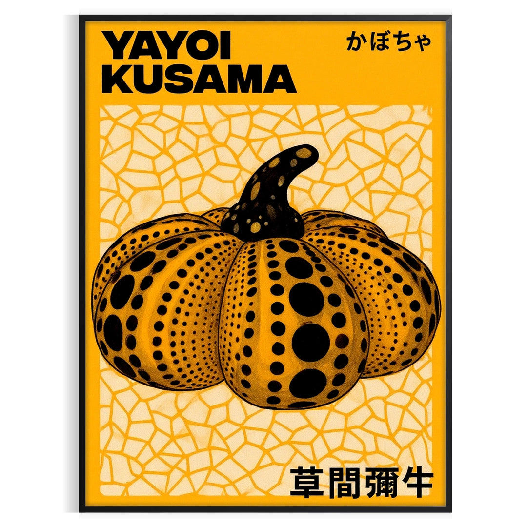 space vibrant pumpkin poster Yayoi Kusama iconic style bold green orange hues piece perfect art lovers touch whimsy decor