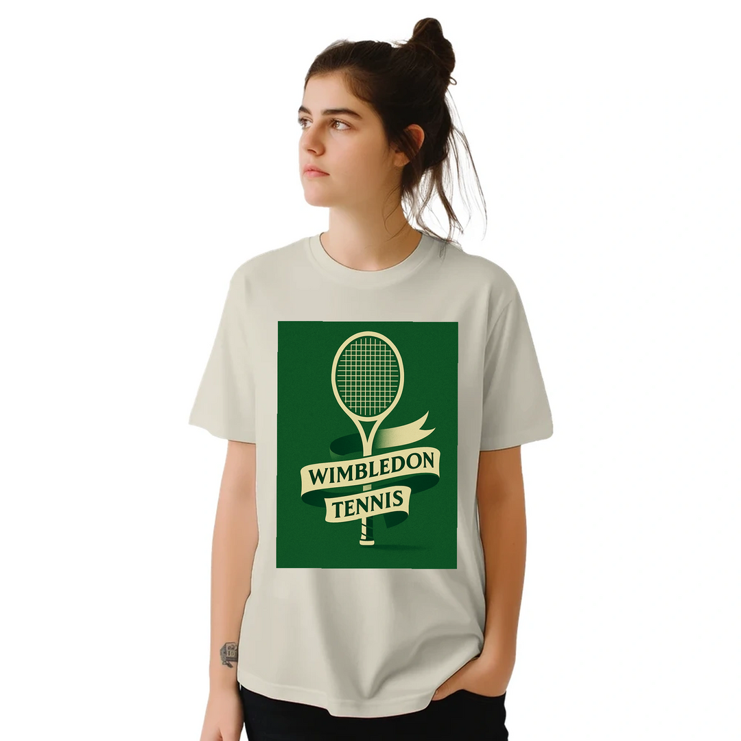 ウィンブルドンを祝うテニステーマのTシャツ。快適で耐久性に優れたデザインで、スポーツ愛好者必見のアイテム。サイズ展開: S, M, L, XL, XXL。