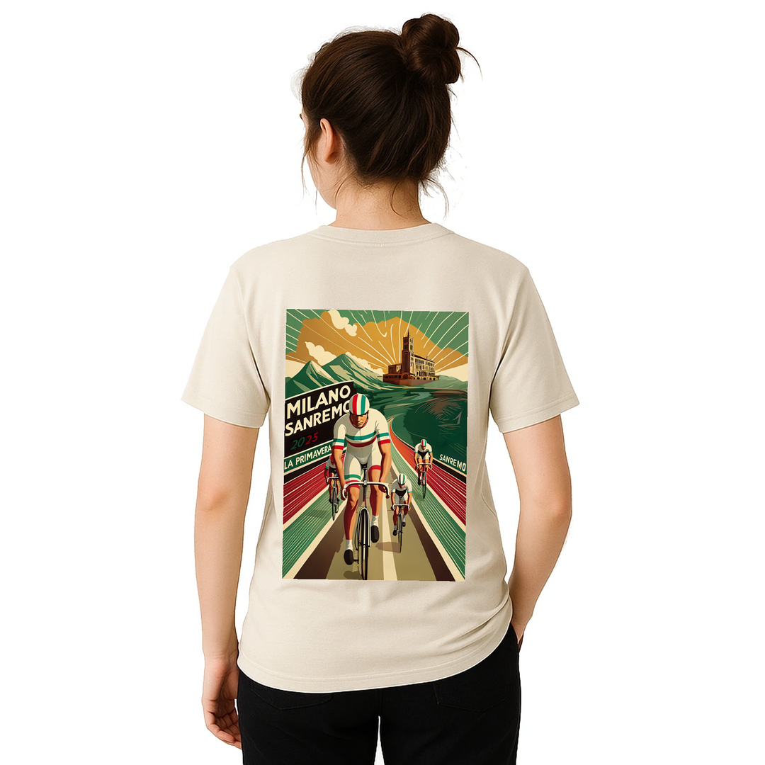 Koszulka Milano Sanremo z unikalnym wzorem, idealna dla miłośników kolarstwa. Dostępna w rozmiarach S, M, L, XL