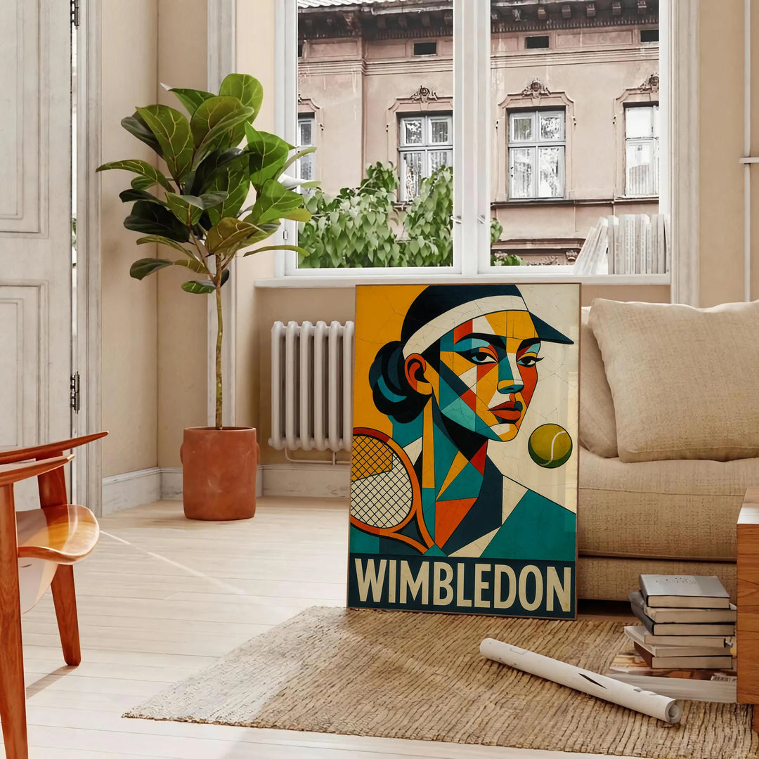鮮やかな色合いのウィンブルドンキュービストテニスポスター。テニスファン必見のアート作品。フレーム付きまたはフレームなしで購入可能。