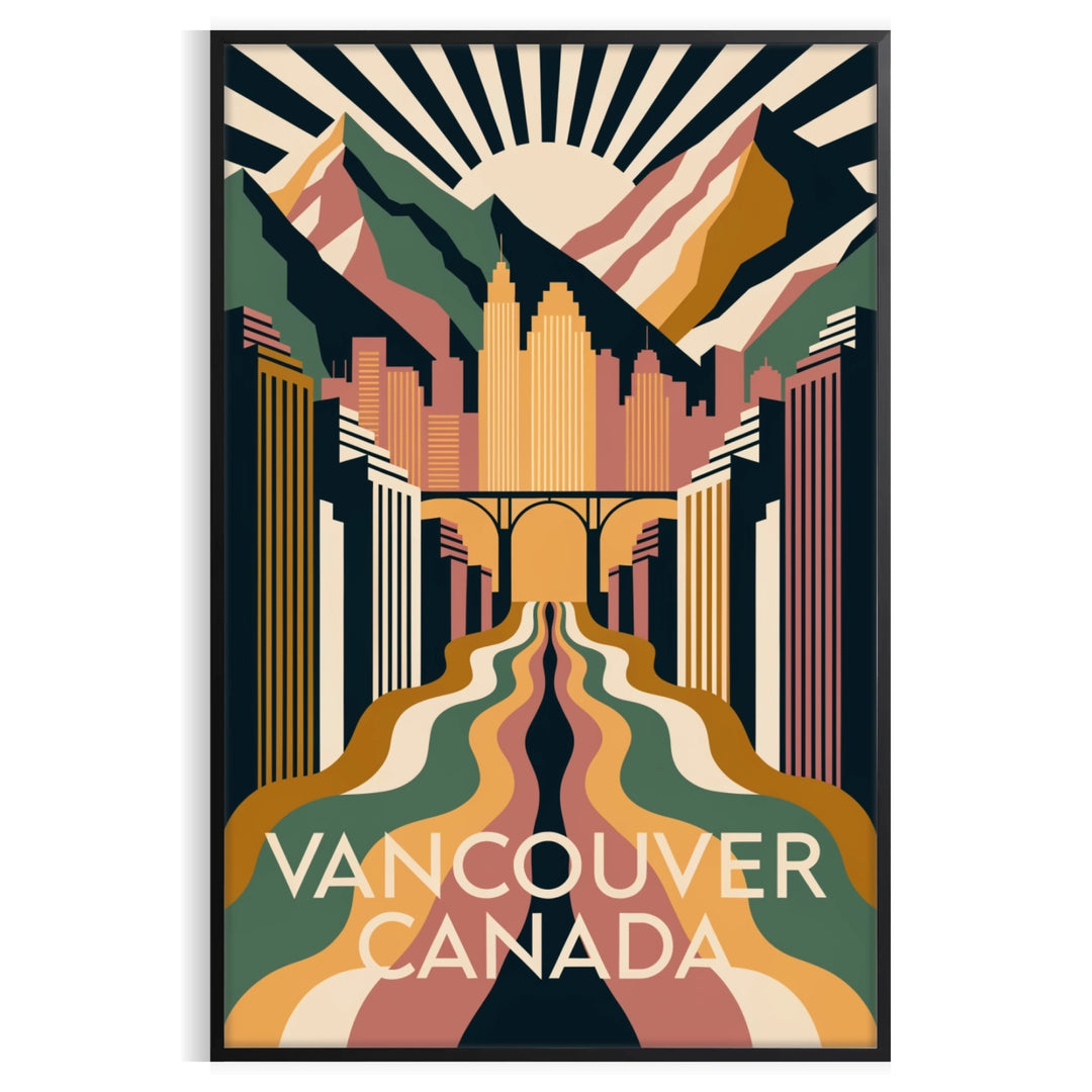 Vintage Art Deco Vancouver travel poster with orange and green geometric design