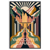 Vintage Art Deco Vancouver travel poster with orange and green geometric design