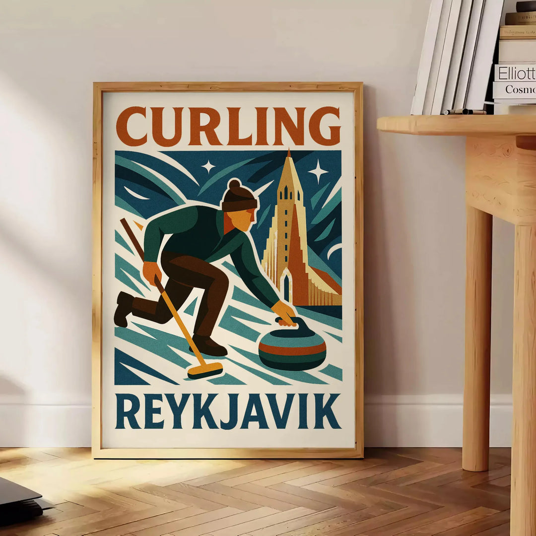 レイキャビクの美しい風景を背景にした活気あるカーリングポスター。スポーツ愛好家やインテリア好きに最適な、50x70または30x40の2サイズから選べるフレーム付きまたはフレームなしのバージョン。