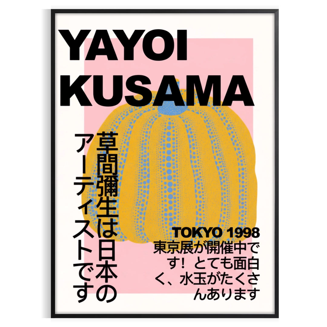 space stunning Pumpkin Yayoi Kusama poster vibrant orange chic gray background art lovers captivating piece touch modern elegance room decor dimensions A4 cm A0