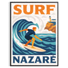 Nazarē sērfošanas plakāts ar dzīvīgu oranžu un baltu dizainu, ideāli piemērots sērfošanas entuziastu telpai
