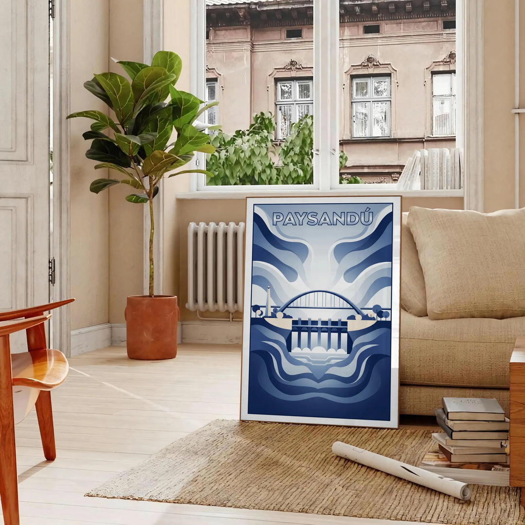 Affiche Art Déco bleue et blanche de Paysandú Uruguay, scène de rivière stylisée