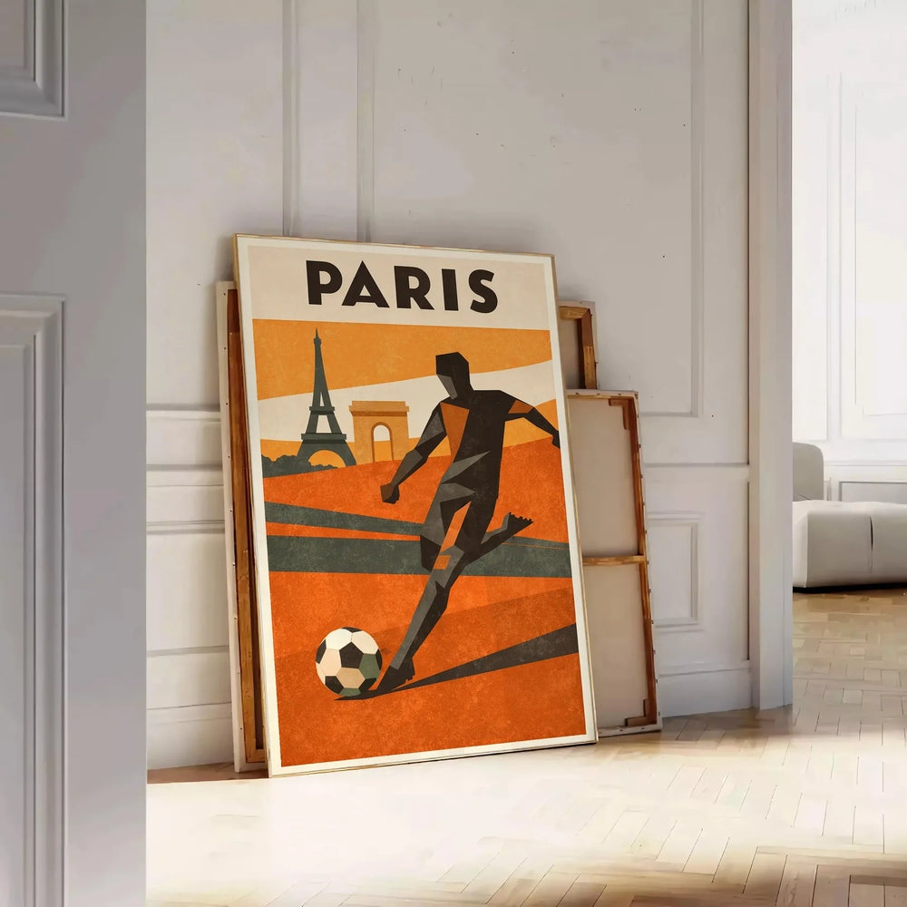 spirit Paris vibrant football poster stunning green orange hues sports fan captivating design energy game space available A4 cm A0 Transform walls today
