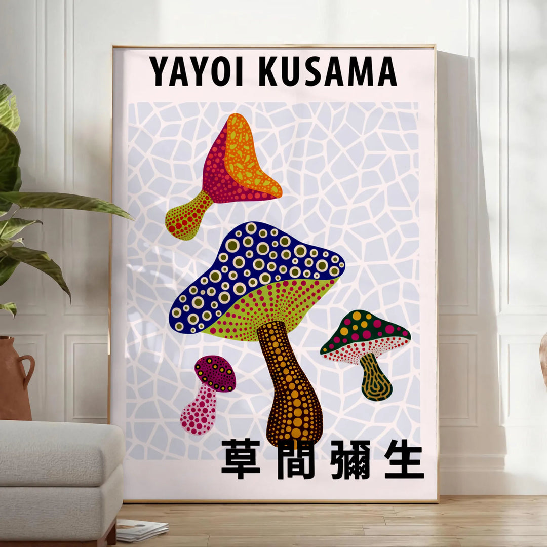 Plakat z motywem grzybów w stylu Yayoi Kusama, w intensywnych czerwonych i zielonych kolorach. Idealny do każdego wnętrza, do