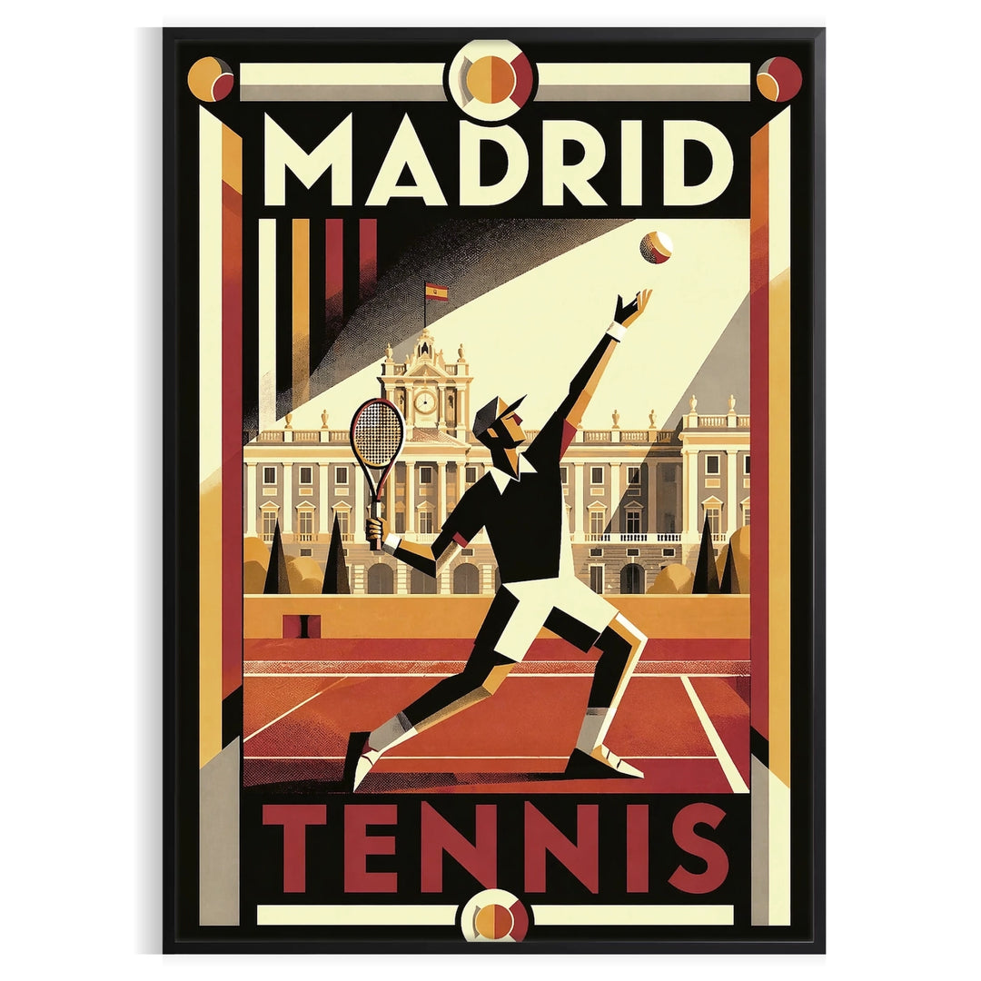 Madrid Tennis Poster in kräftigen Schwarz- und Rottönen, erhältlich in 50x70 oder 30x40. Perfekte Wanddekoration für Tennisli