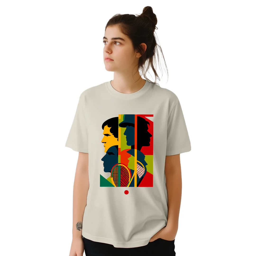 テニス大会に最適なスタイリッシュなテニステーマのTシャツ。プレイヤーやファンにぴったりの快適さとゲームへの情熱を融合。サイズ: S, M, L, XL, XXLでご用意。