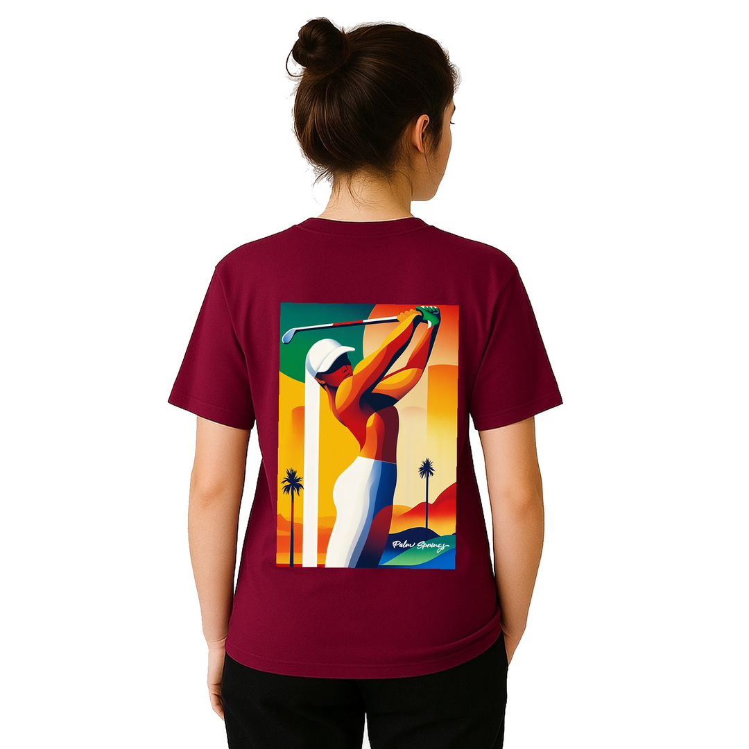 パームスプリングスゴルフTシャツは、明るいデザインが特徴で、ゴルフ場でも普段使いでも活躍する一枚です。サイズはSからXXLまで揃っています。