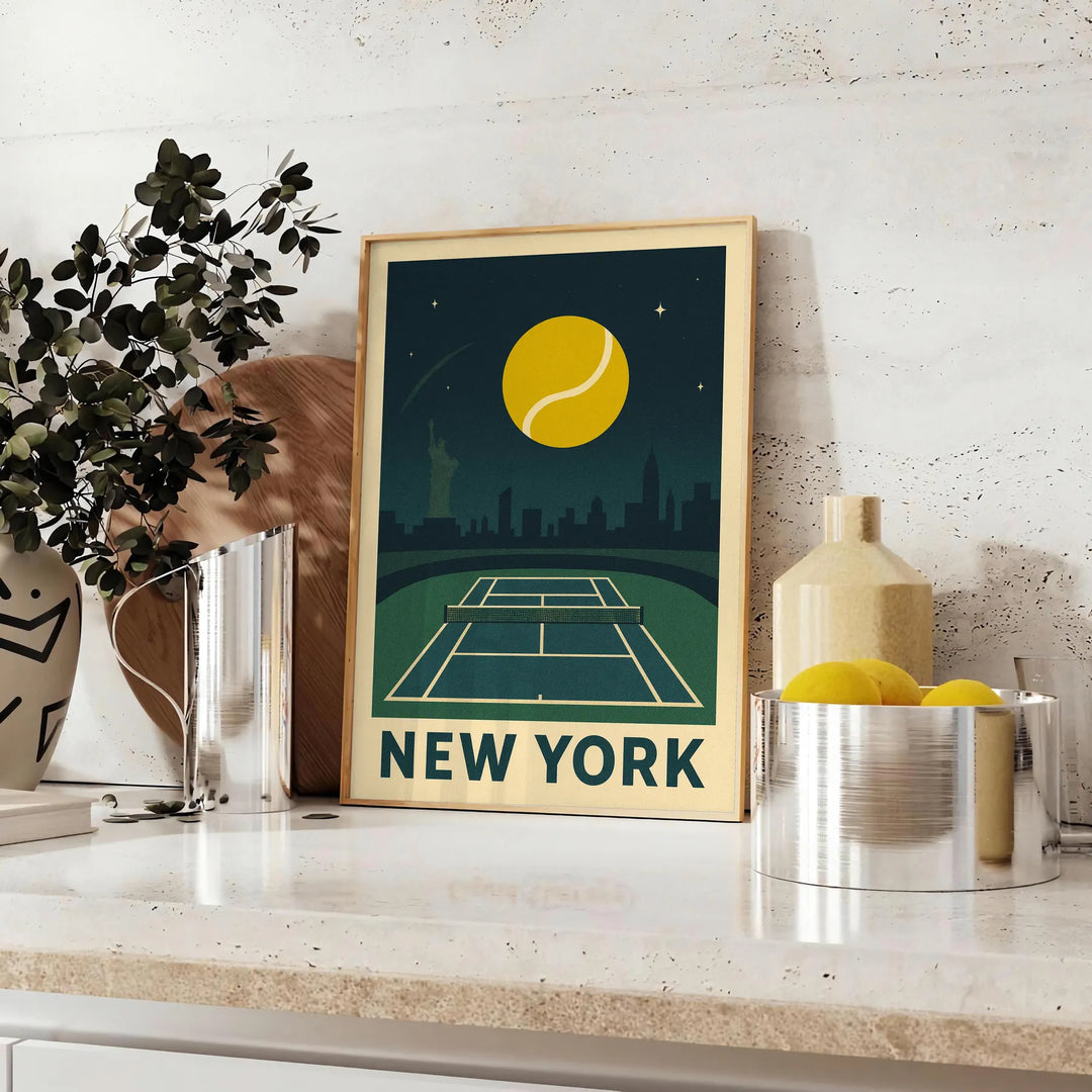ニューヨークの夜にテニスをテーマにしたポスター。グレーとグリーンのダイナミックなデザインで、都市の洗練さを演出します。