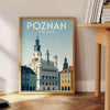 Stylized Poznań city poster with bold orange and green graphic skyline