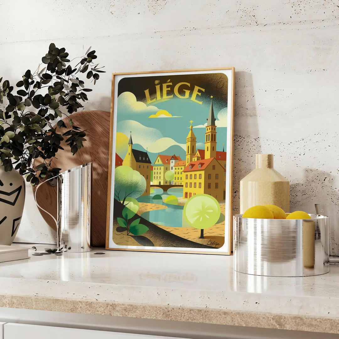 Póster vintage Art Déco de Lieja, Bélgica, paisaje urbano estilizado verde y blanco