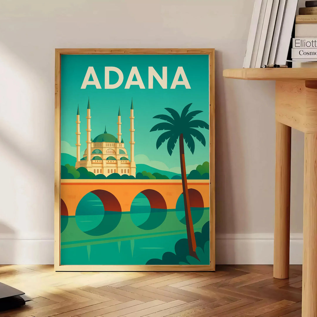 Adana city poster in green and blue, minimalist skyline illustration