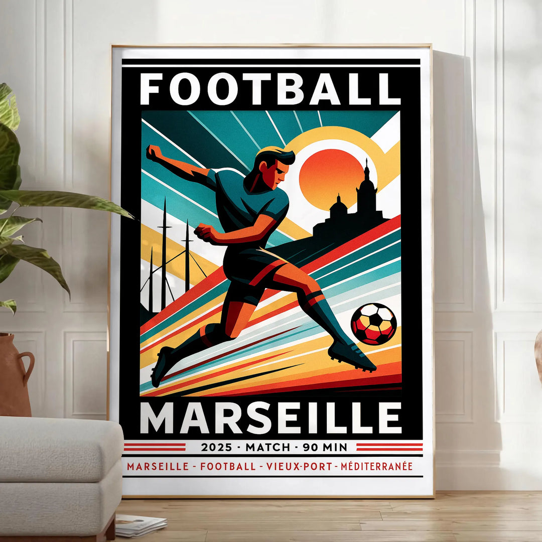 Plakat piłkarski Marseille w żywych kolorach czerwonym i niebieskim, idealny do dekoracji przestrzeni każdego fana. Dostępny