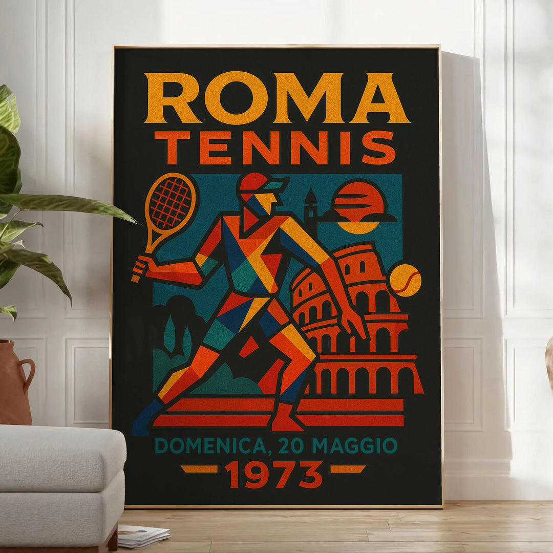 Ρετρό αφίσα τένις Roma, με κομψό σχέδιο σε πράσινους και γκρίζους τόνους. Ιδανική για λάτρεις του τένις, προσθέτει στυλ σε κά