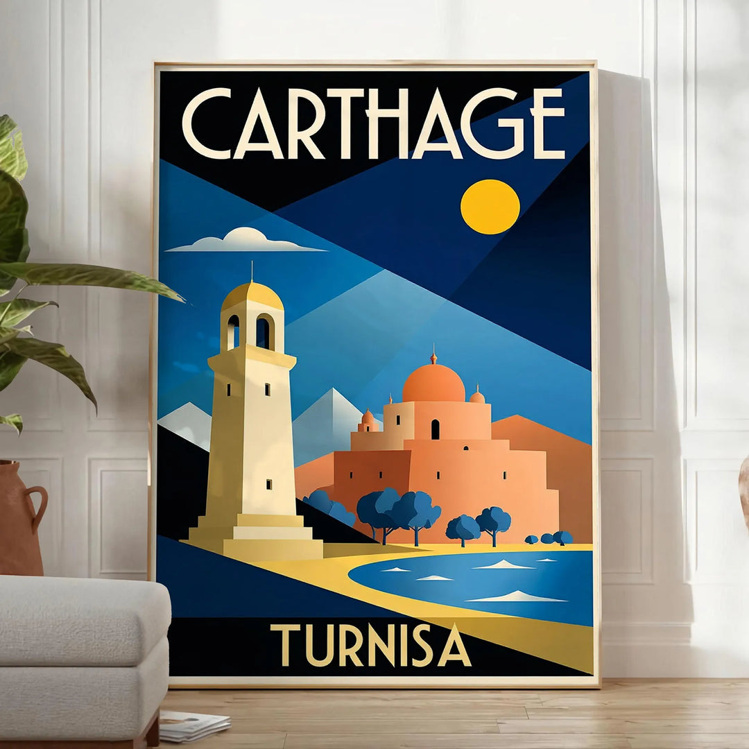 Art Deco poster featuring Carthage, Tunisia with blue and green hues