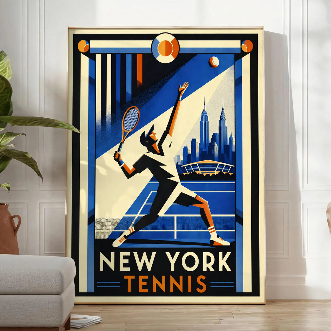 space stunning New York tennis poster dynamic design bold black vibrant orange sports enthusiast eye piece dimensions today unframed options available style
