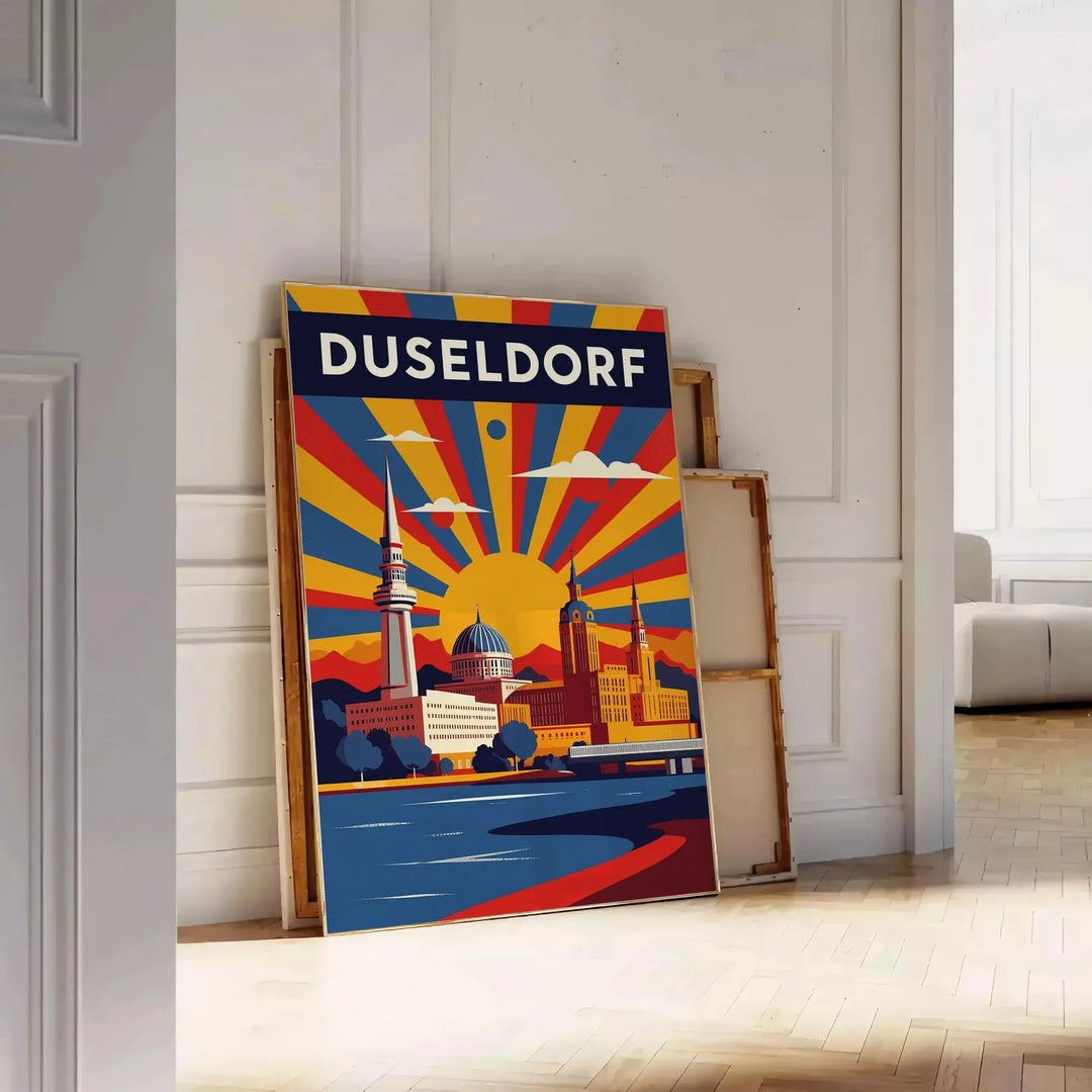 Wspaniały plakat w stylu Art Déco przedstawiający Düsseldorf w Niemczech, dostępny w rozmiarach 50x70 lub 30x40. Idealny do d