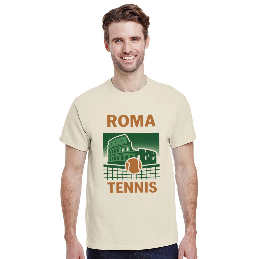 テニス愛好家に最適なローマテニスTシャツ。鮮やかなデザインでゲームの精神を称え、高品質な素材で快適さと耐久性を提供します。