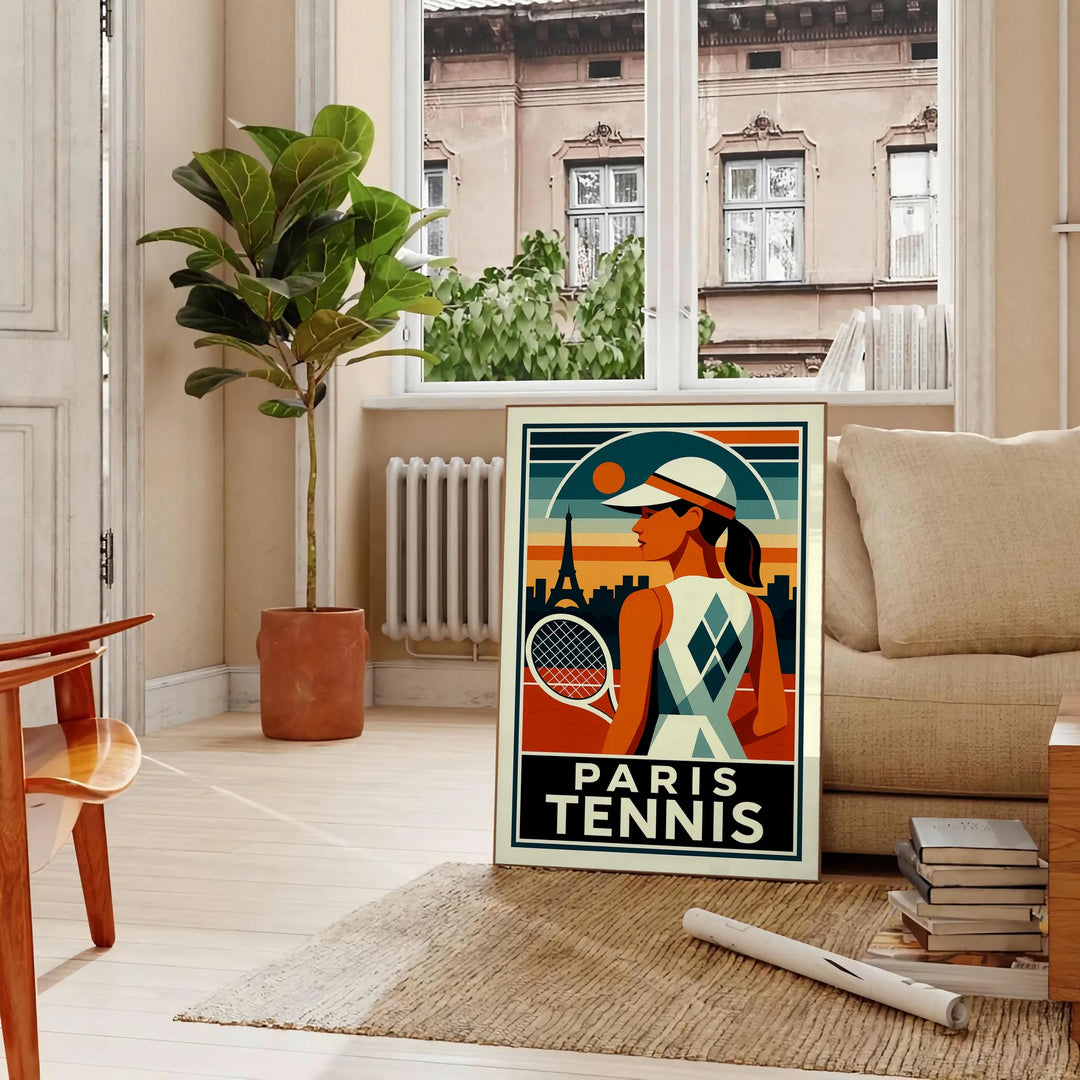 Stilren Paris Tennis-affisch med röd och svart design, perfekt för sportälskare och konstentusiaster. Finns i storlekarna 50x