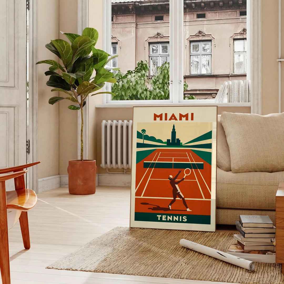 Póster de ténis de Miami, com cores vibrantes em laranja e vermelho, ideal para amantes de desporto. Disponível nas dimensões