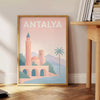 Antalya Turkey coastal travel poster in green and orange retro style